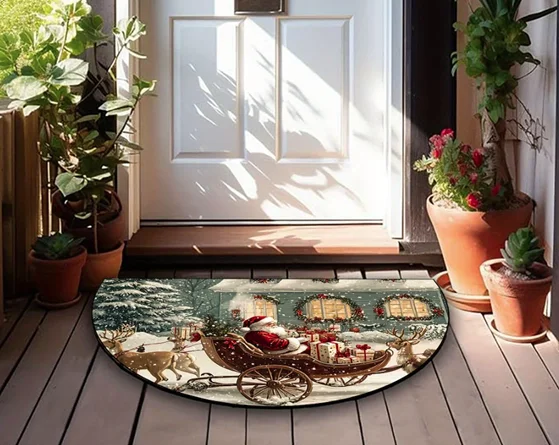 Half-Round Christmas Entry Rug (Sleigh & Reindeer Theme)