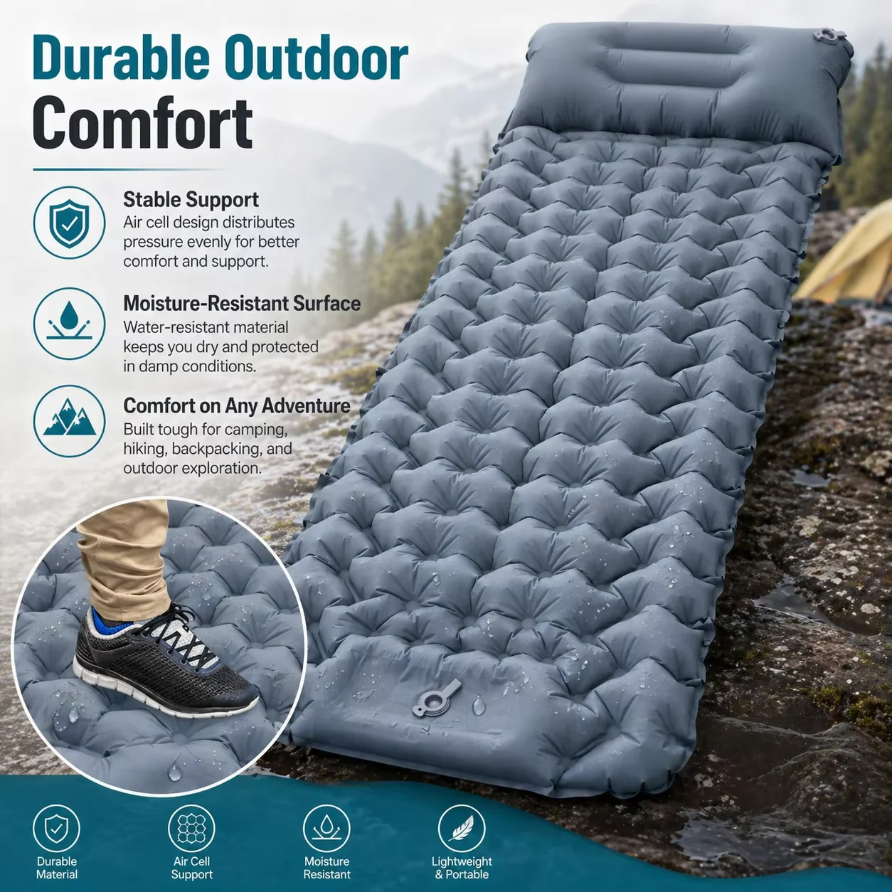 Camping sleeping pad, durable outdoor comfort