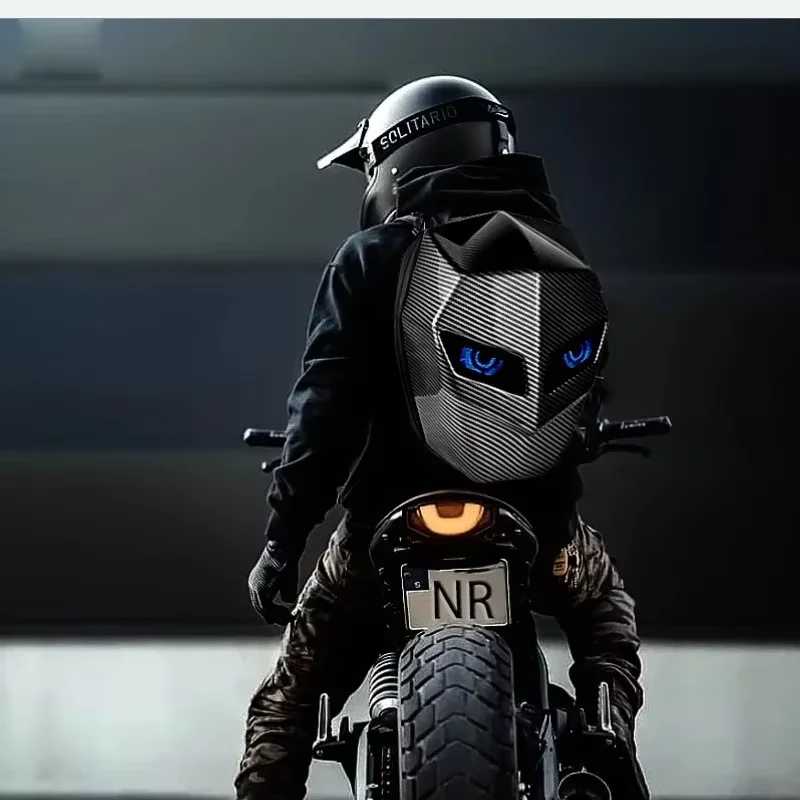 Motorcyclist wearing LED backpack