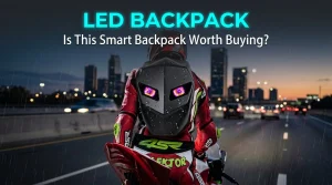 Motorcyclist wearing an LED Backpack